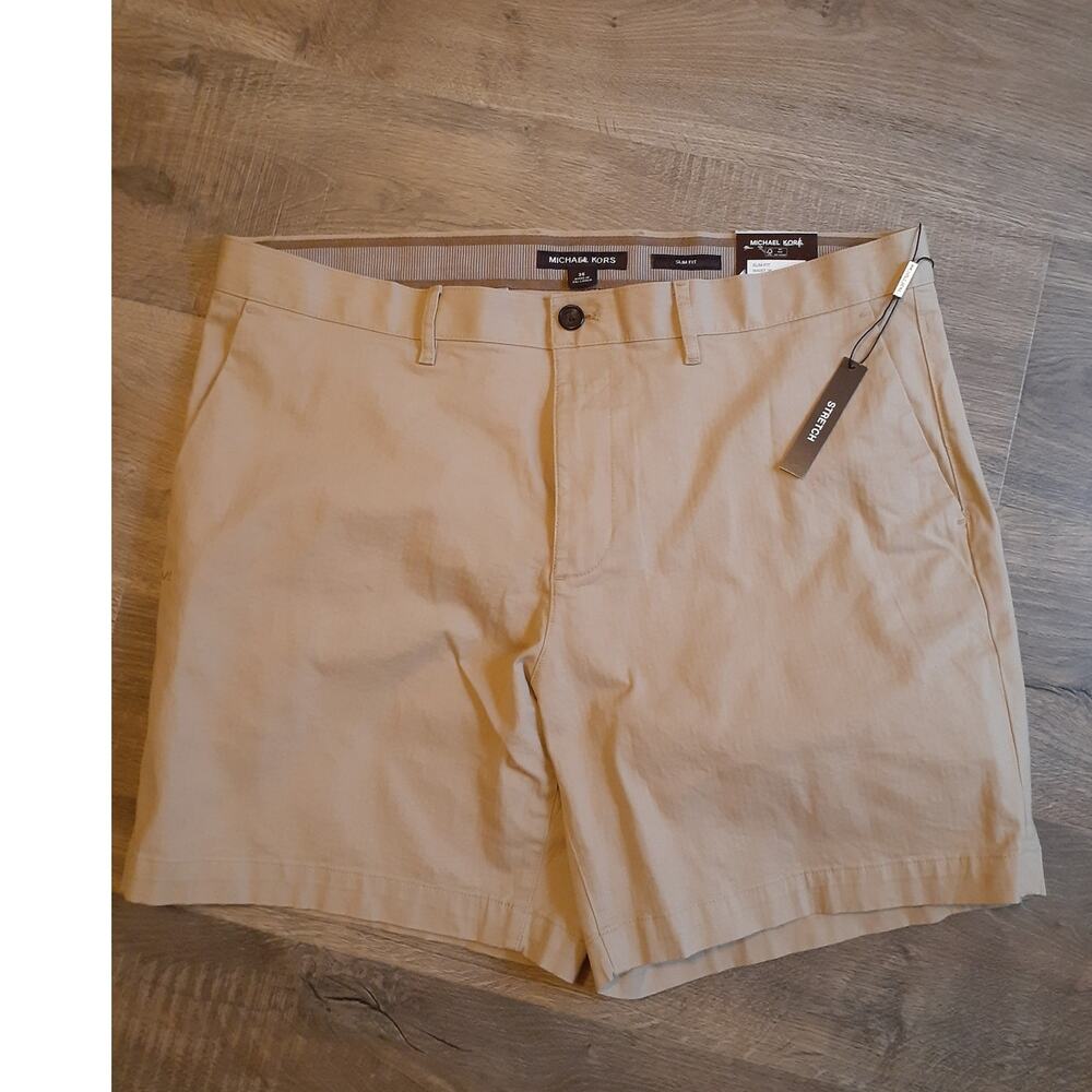 Michael Kors Slim Fit Khaki Chino Stretch Shorts size 36 NEW Preppy Neutral